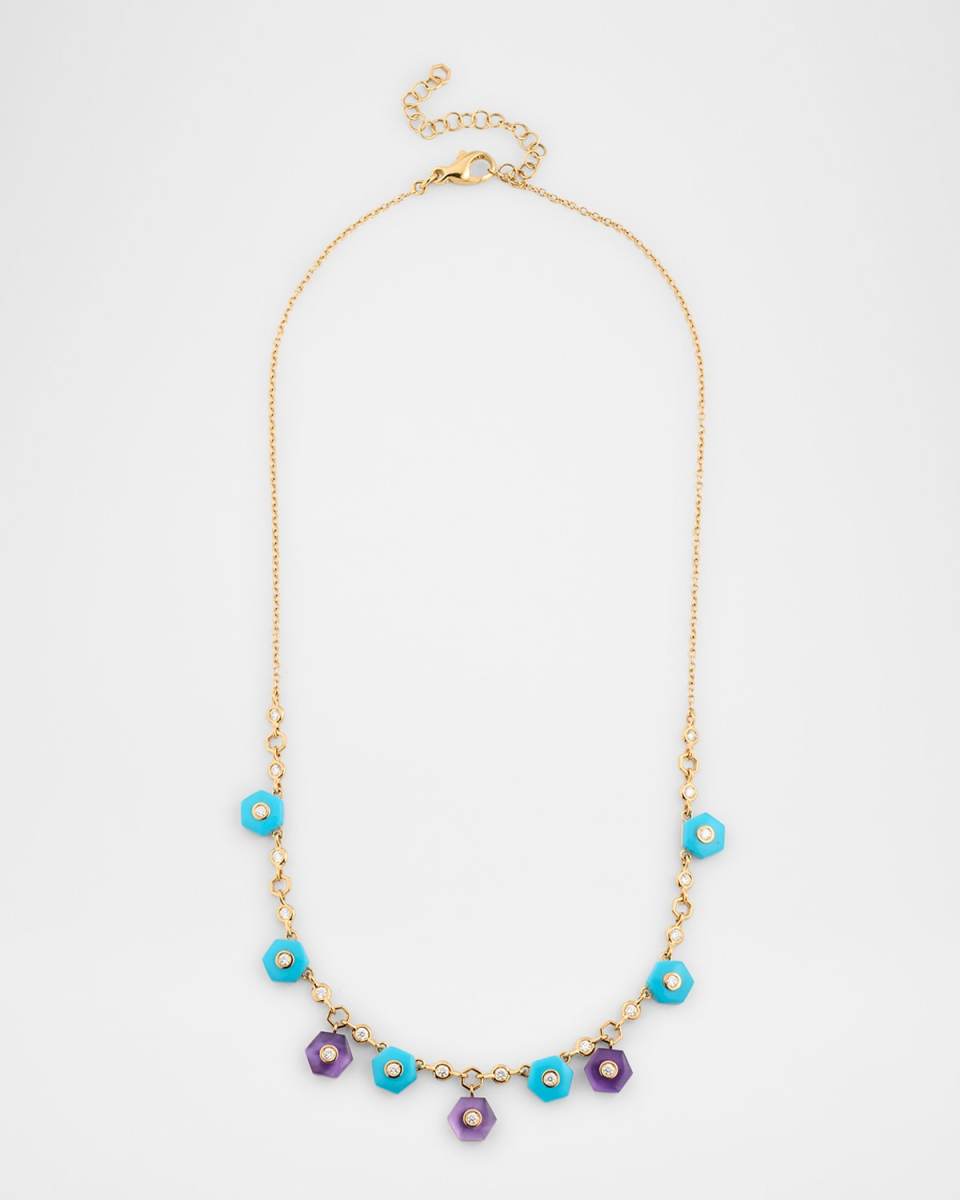 Baia Sommersa Necklace in 18K Yellow Gold with White Diamonds, Turquoise and Amethyst